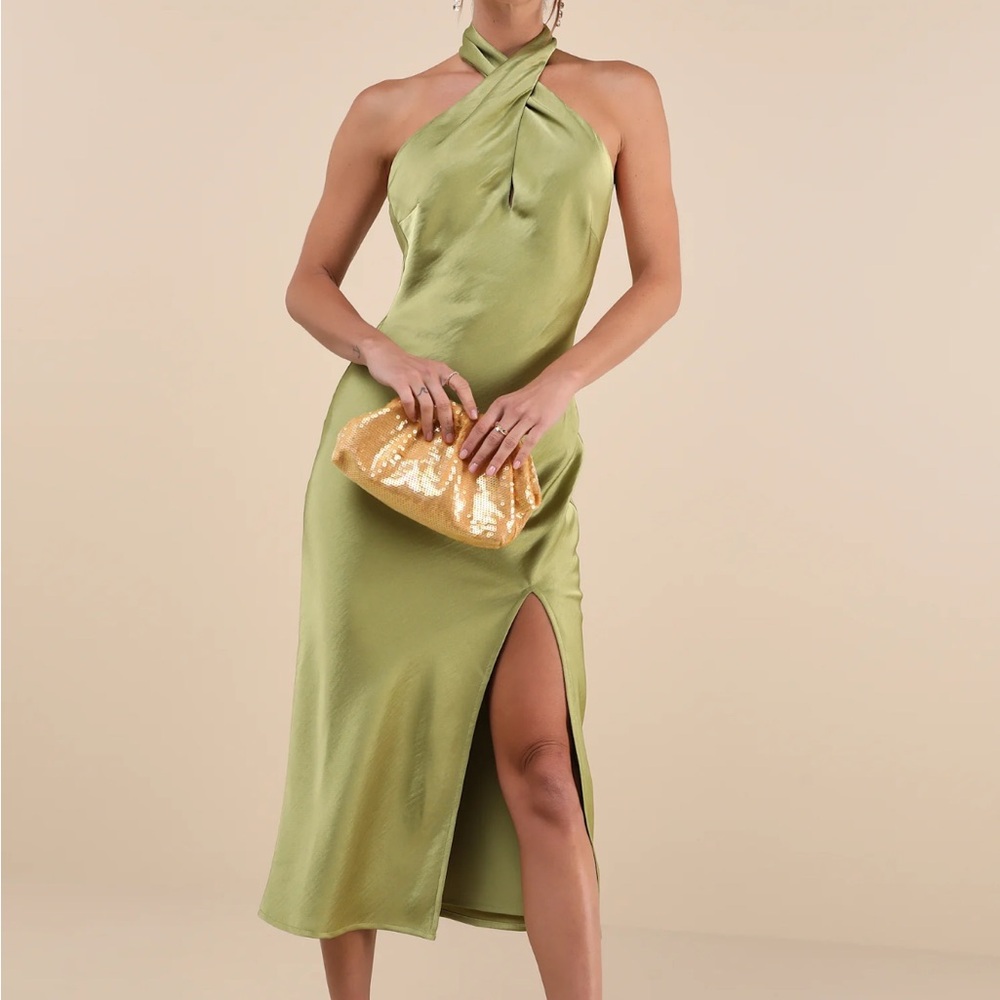 Lulu's Beyond Classy Chartreuse Satin Halter Midi Dress, green dress, size S